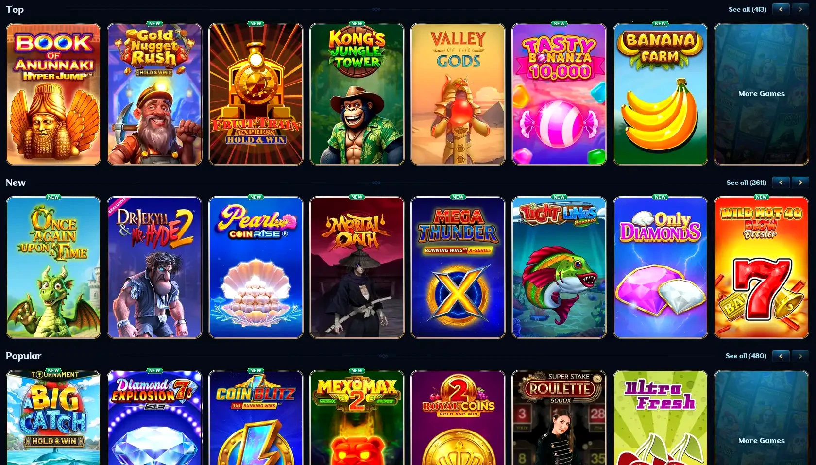 Aperçu de la bibliothèque de jeux du casino Million avec slots et live casino